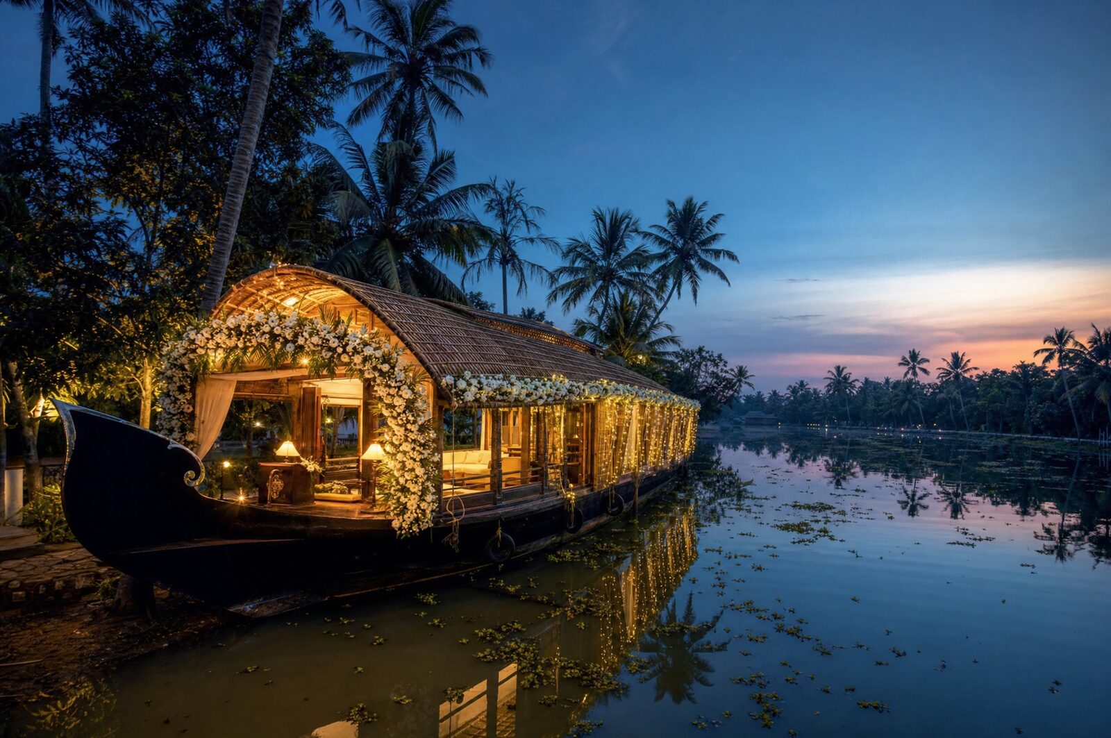 A decorated houseboat on the Alleppey backwaters at dusk
