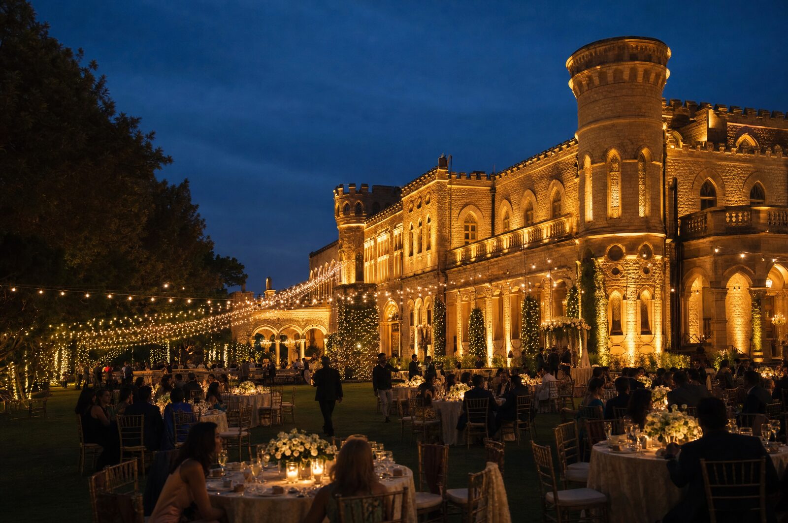 A palace facade lit for a reception at blue hour in Bangalore