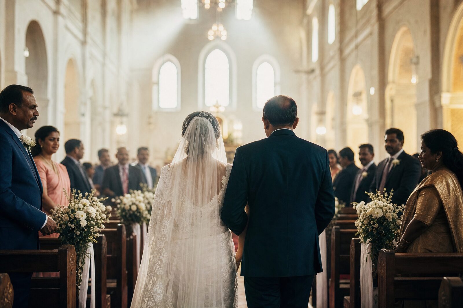 A bride walking down the aisle of a whitewashed Kerala church