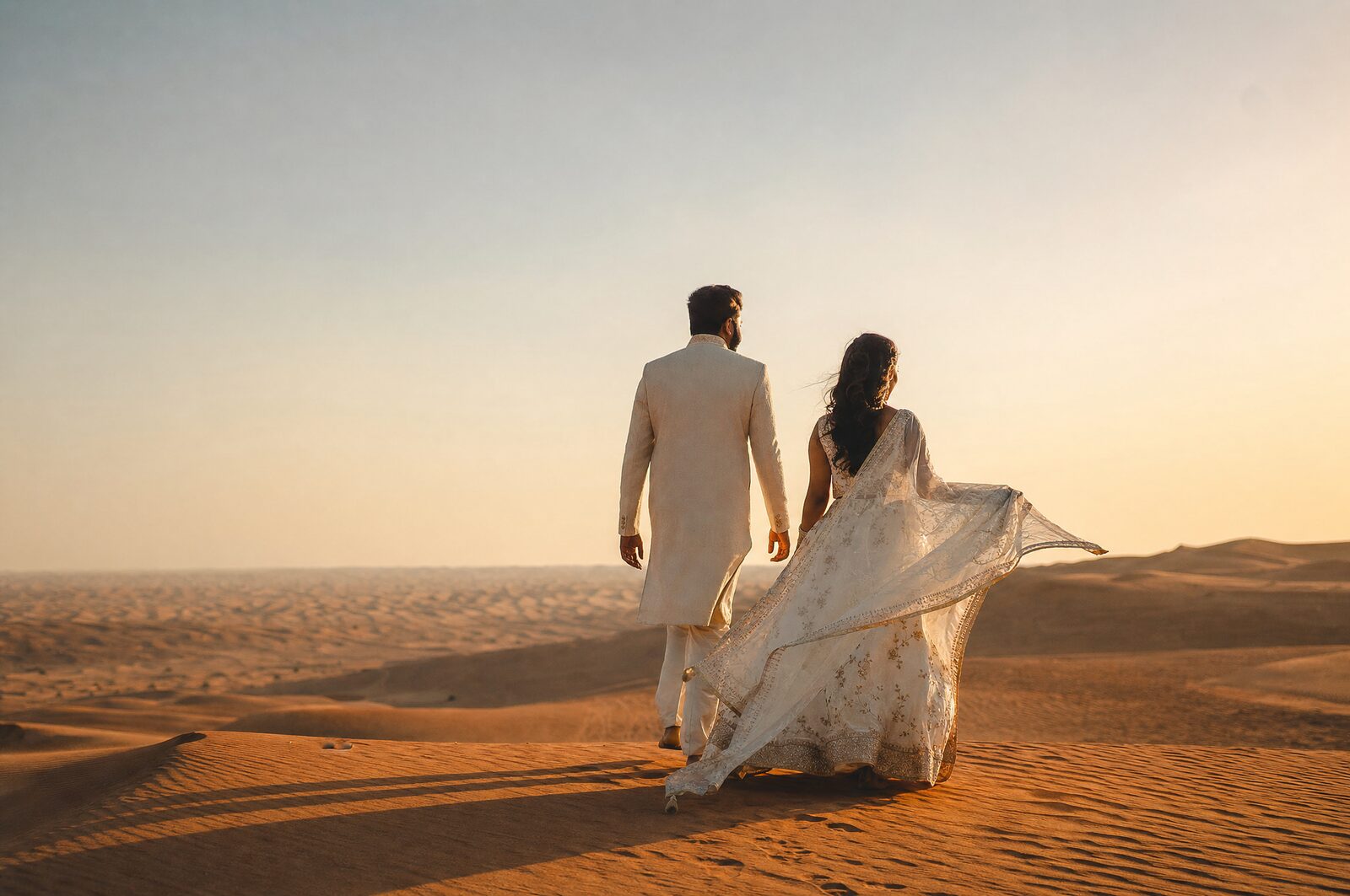 A couple walking across a red sand dune at golden hour near Dubai