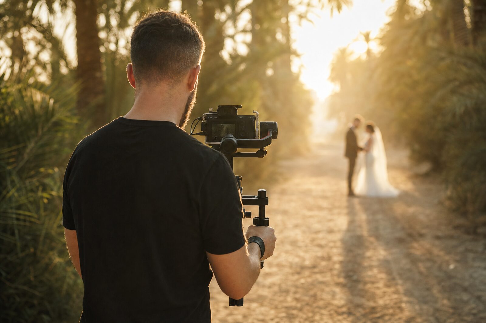 A cinematographer with a gimbal filming a couple on a palm-lined path