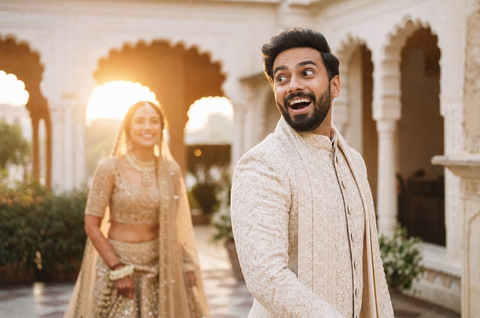 A groom turning around for the first look at his bride