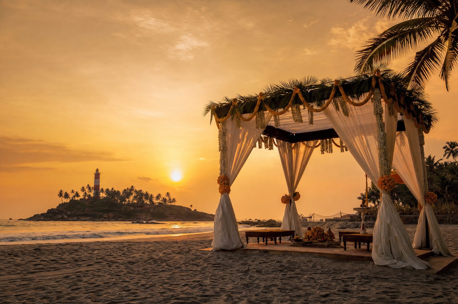 A beach mandap at sunset in Kovalam
