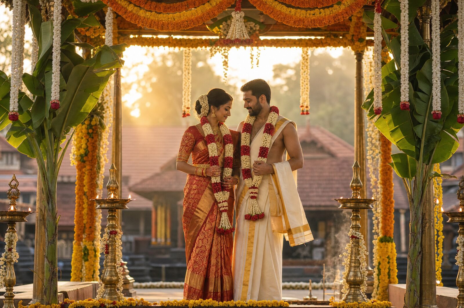 A bride and groom under a jasmine mandap at a Kerala temple wedding
