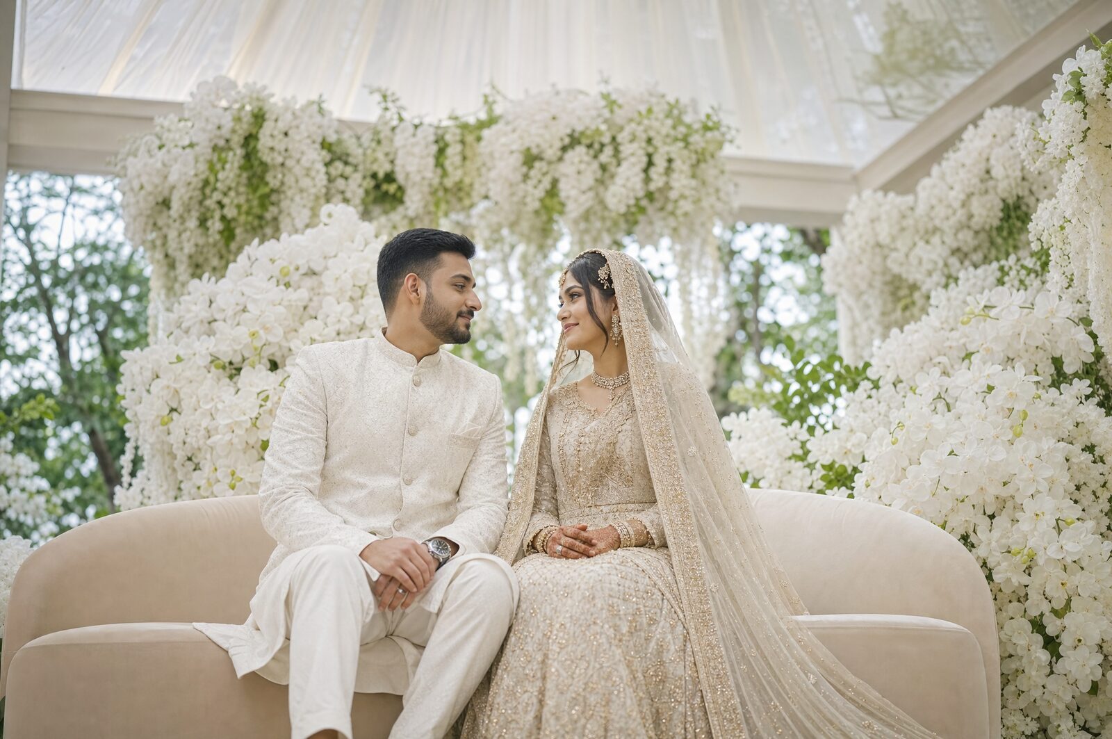 A bride and groom on a white orchid stage at a Malabar nikah